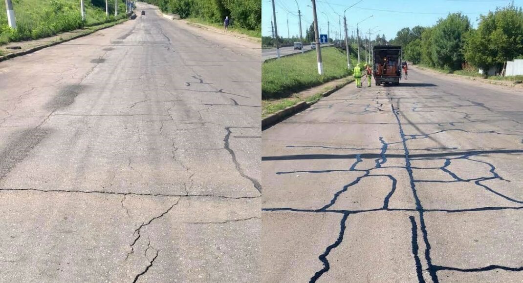 В Краматорске выполняют герметизацию трещин на асфальте